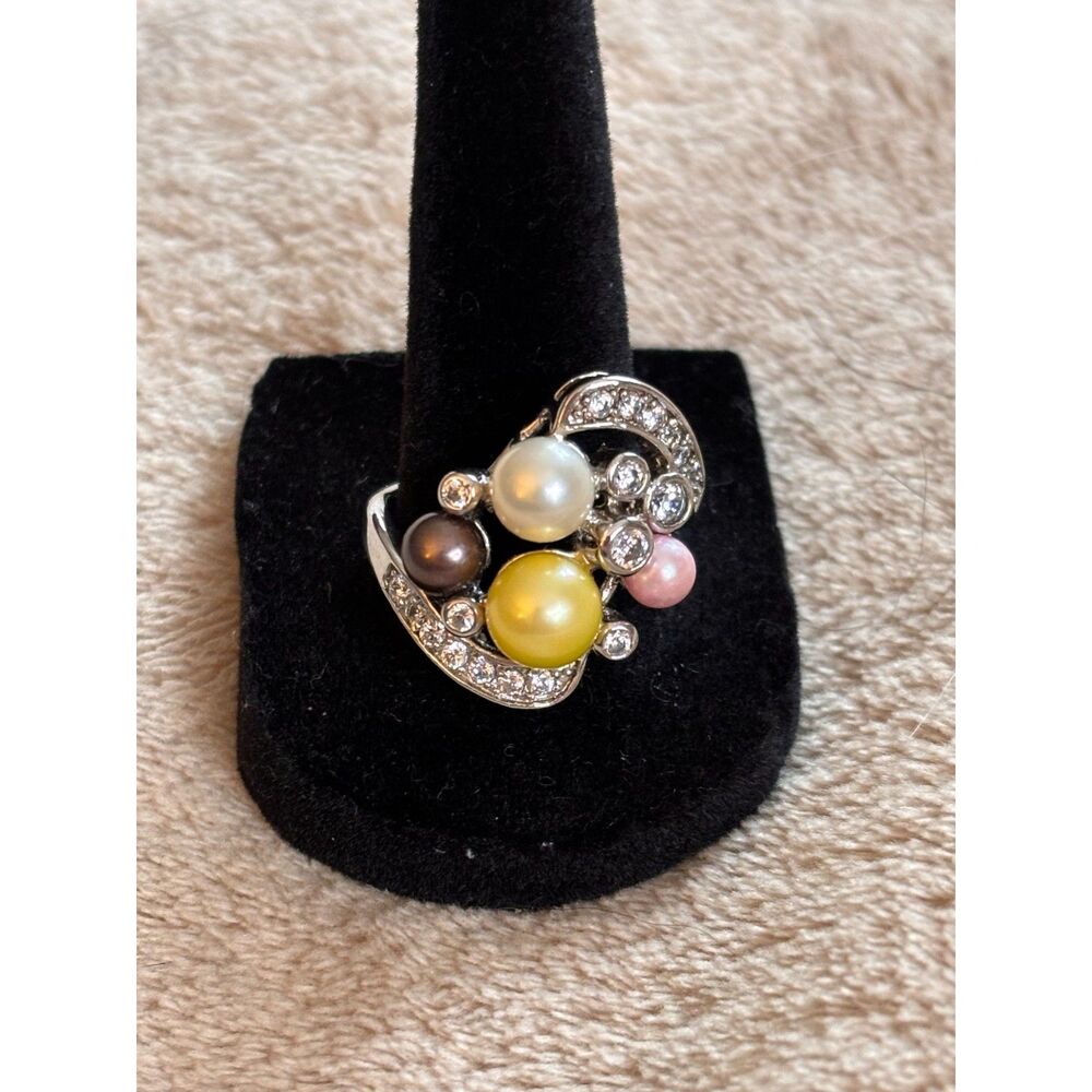 Joseph Esposito Sterling Silver Multi-Colored Cultured Pearl & CZ Ring Sz 10